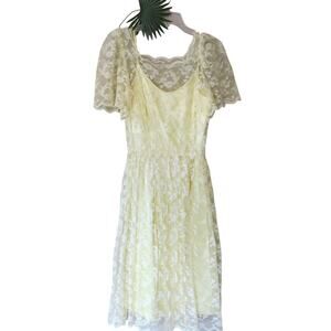 VINTAGE 70s Lace Dress Floral Overlay Size S Coquette Romantic Victorian Yellow